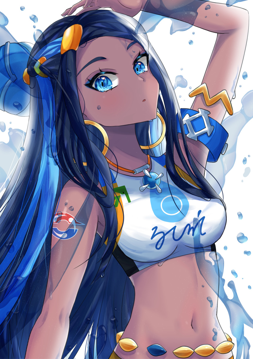 1girl, absurdres, arm_tattoo, arm_up, armlet, belly_chain, black_hair, blue_eyes