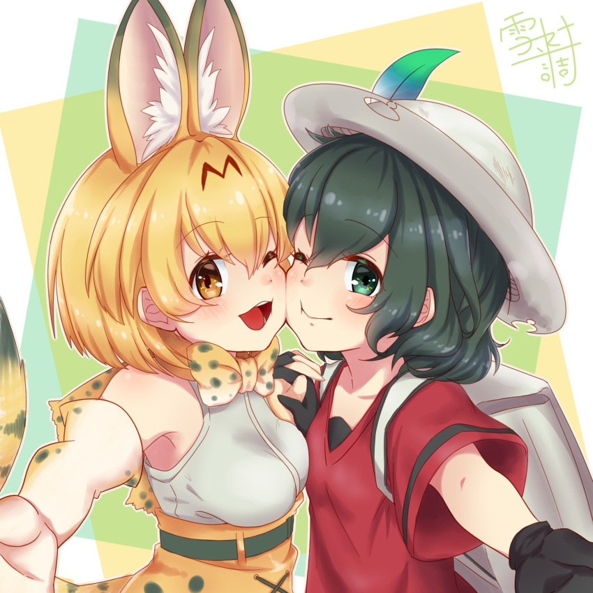 2girls, animal_ears, backpack, bag, bare_shoulders, black_gloves, black_hair, blonde_hair