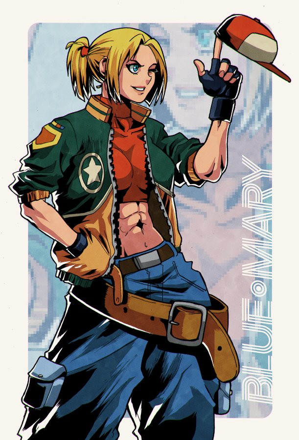 1girl, baggy_pants, belt, blonde_hair, blue_eyes, blue_mary, cargo_pants, casual, crop_top, hand_in_pocket, hat, holding, holding_clothes, holding_hat, jacket, loose_belt, midriff, navel, one_eye_closed, pants, ponytail, simple_background, smile, the_king_of_fighters, zehb_br