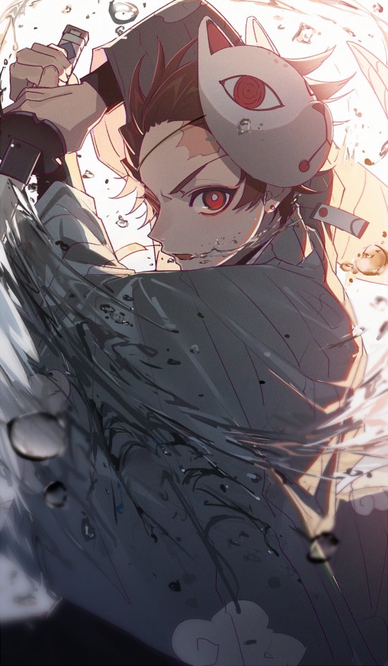 1boy, arms_up, backlighting, brown_hair, holding, holding_sword, holding_weapon, kamado_tanjirou