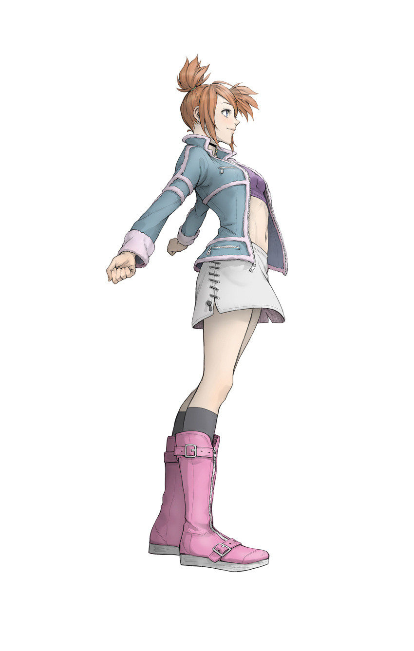 1girl, arms_behind_back, bangs, black_legwear, boots, breasts, clenched_hands, closed_mouth