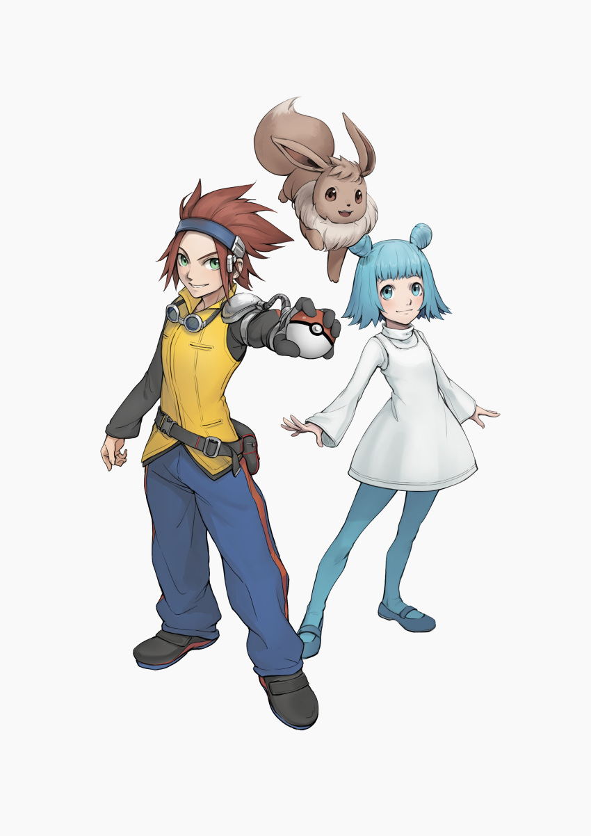 1boy, 1girl, absurdres, black_footwear, black_shirt, blue_hair, blue_legwear, blue_pants