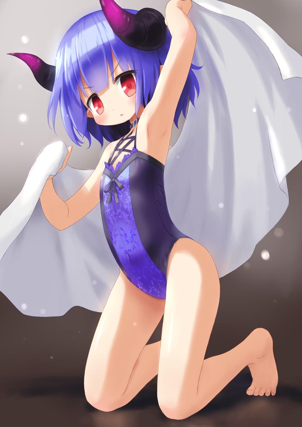 1girl, armpits, arms_up, barefoot, character_request, collar, emil_chronicle_online, full_body