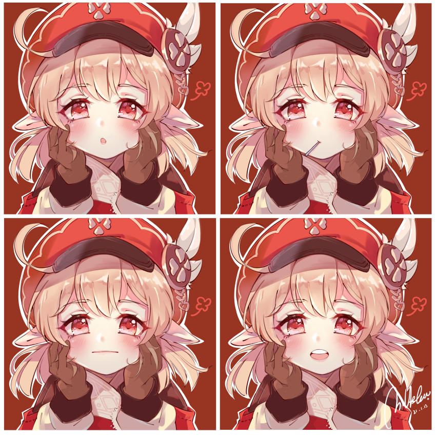 1girl, absurdres, ahoge, bangs, blush, brown_background, brown_gloves, cabbie_hat, closed_mouth, commentary_request, dated, dress, expressions, eyebrows_visible_through_hair, genshin_impact, gloves, hair_between_eyes, hands_up, hat, hat_feather, highres, klee_(genshin_impact), light_brown_hair, long_hair, long_sleeves, looking_at_viewer, low_twintails, milk_tea_(pixiv41571804), open_mouth, pointy_ears, red_dress, red_eyes, red_headwear, signature, twintails, upper_body, upper_teeth, white_feathers