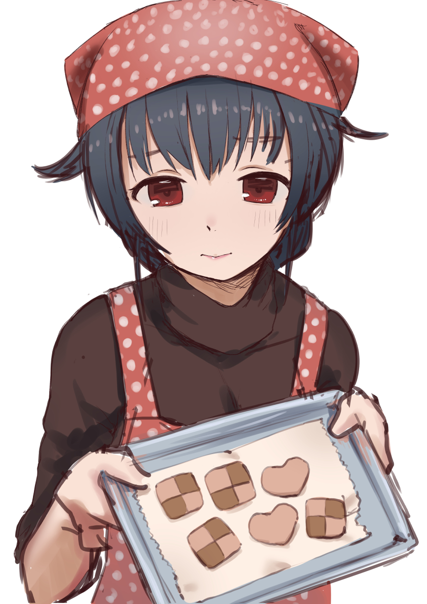 1girl, alternate_costume, apron, bandana, black_hair, brown_sweater, checkerboard_cookie, commentary_request
