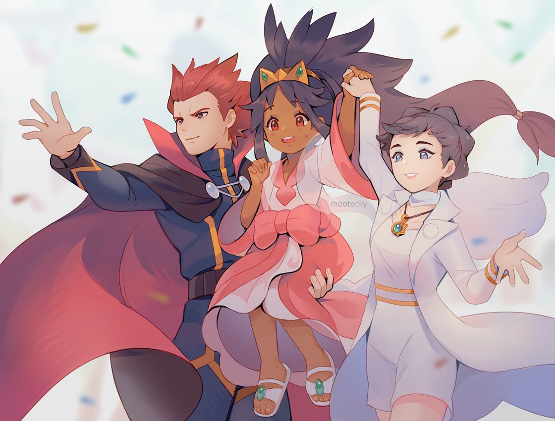 1boy, 2girls, arm_up, belt, cape, closed_mouth, coat, commentary