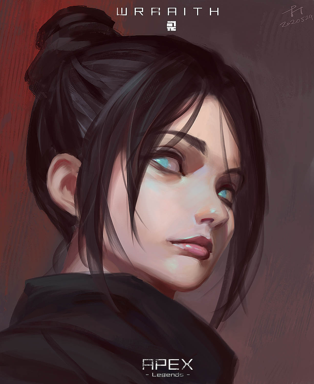 1girl, apex_legends, aqua_eyes, bangs, black_hair, black_scarf, blue_eyes, character_name
