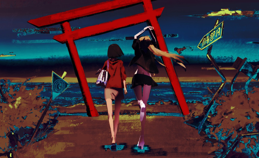 2girls, black_hair, blonde_hair, europe_europa, full_body, glitch, highres, hood