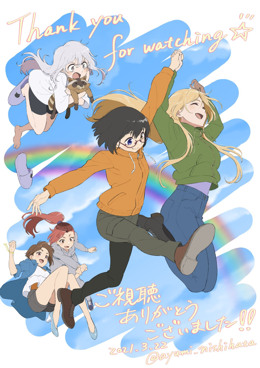 5girls, blonde_hair, brown_hair, english_text, full_body, glasses, heterochromia, highres