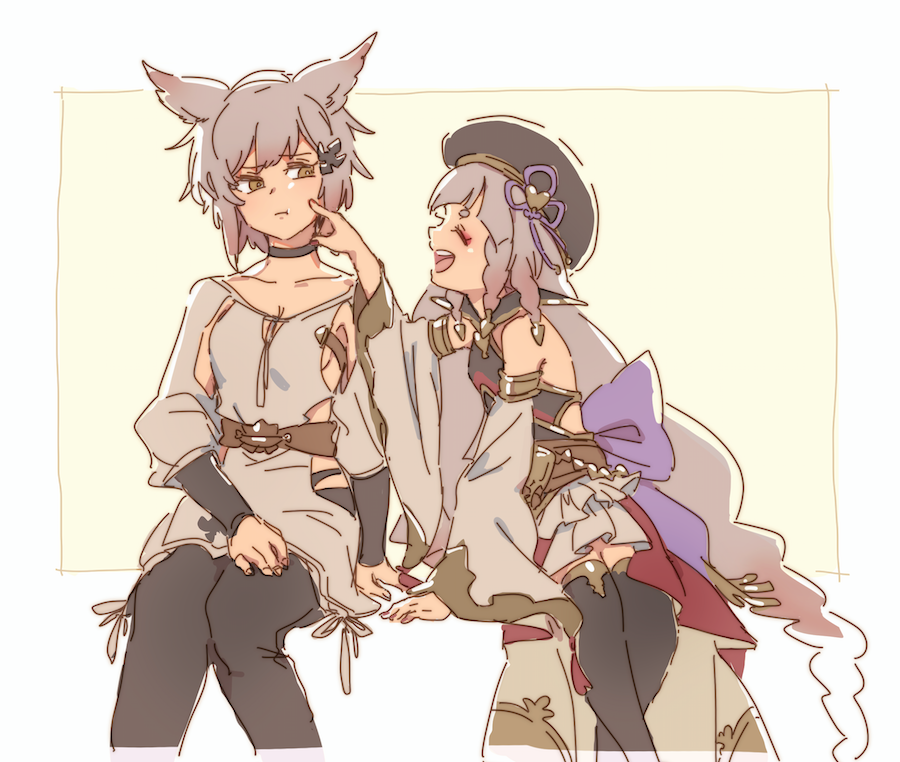 2girls, alliah_istavion, animal_ears, beret, brown_eyes, cheek_poking, choker, closed_eyes, dress, erune, ezroseven, granblue_fantasy, grey_hair, hat, long_hair, multiple_girls, pholia, poking, siblings, sideless_outfit, sisters, sitting, smile, thigh-highs