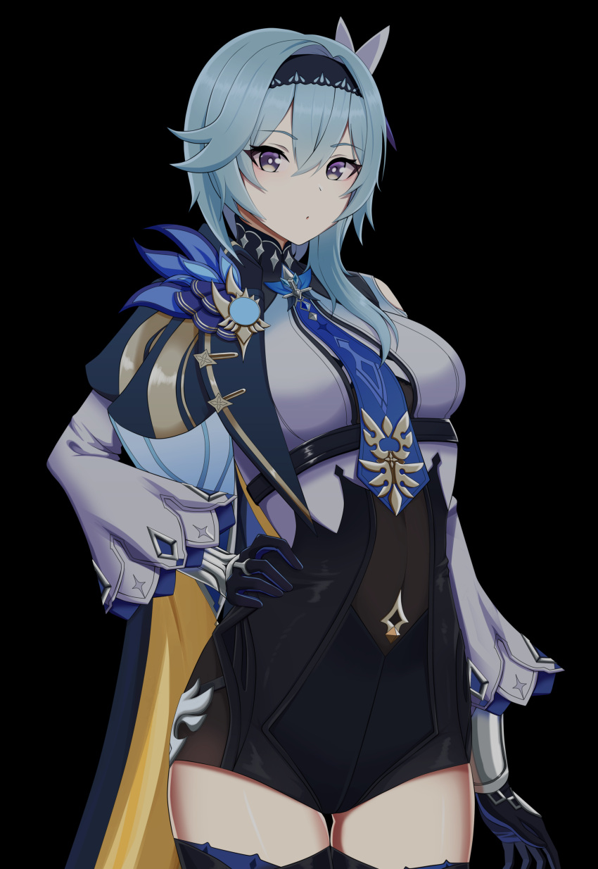 1girl, absurdres, aqua_hair, black_background, breasts, cowboy_shot, eula_(genshin_impact), genshin_impact, gloves, hair_ornament, hairband, hand_on_hip, hh_101, highres, long_sleeves, medium_breasts, medium_hair, simple_background, solo, thigh-highs, violet_eyes
