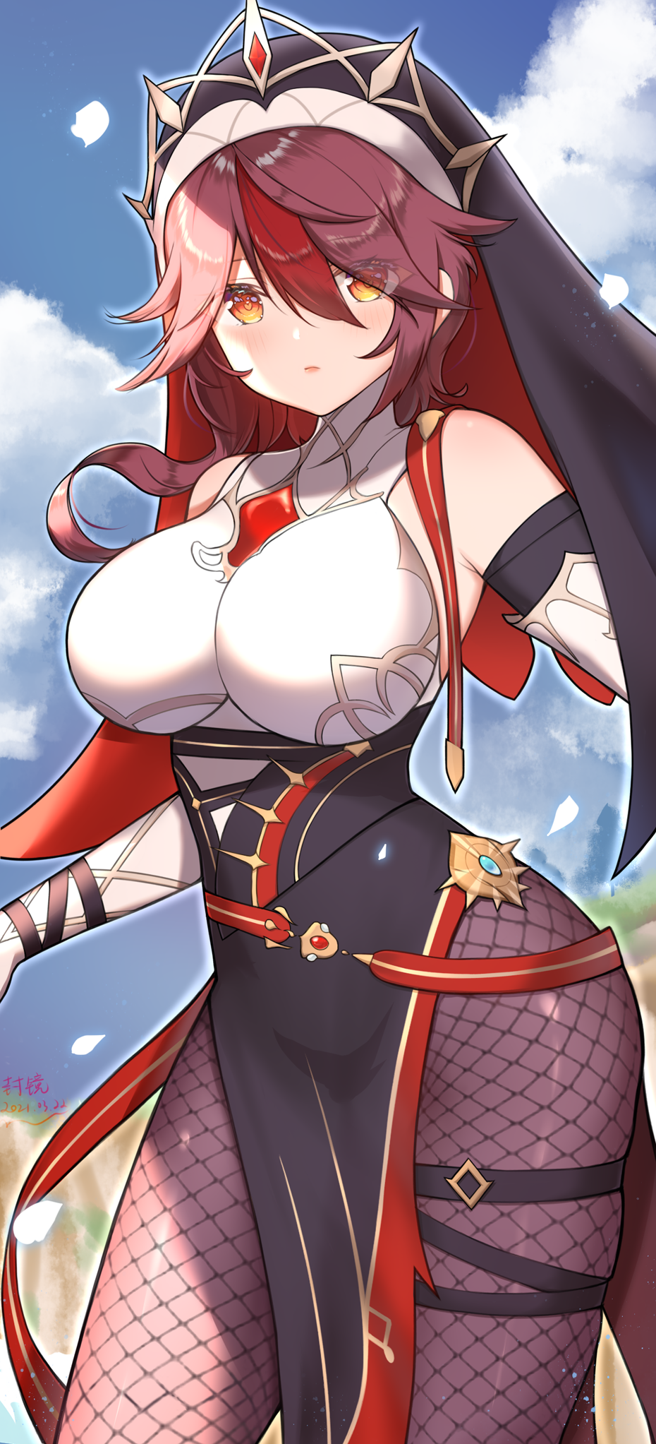 1girl, bangs, bare_shoulders, blue_sky, breasts, clouds, cowboy_shot, day, elbow_gloves, fishnet_legwear, fishnets, genshin_impact, gloves, highres, large_breasts, looking_at_viewer, nun, orange_eyes, pantyhose, pelvic_curtain, purple_hair, purple_legwear, ro_esfera, rosaria_(genshin_impact), sky, solo, thighs, veil
