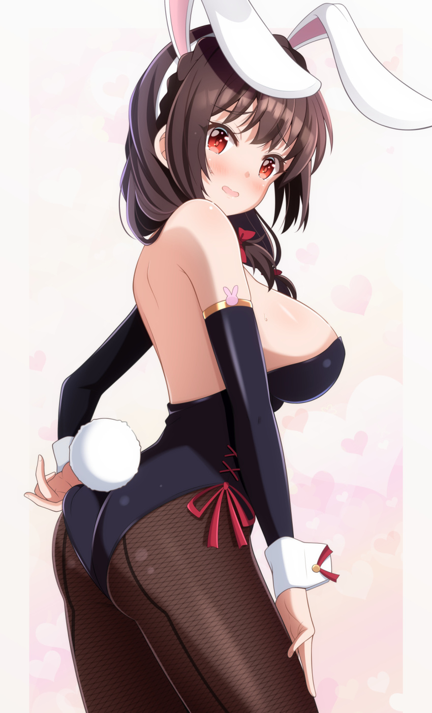 1girl, alternate_costume, animal_ears, ass, bangs, bare_shoulders, black_leotard, blush, breasts, brown_hair, bunny1219, bunny_pose, bunny_tail, covered_navel, detached_collar, detached_sleeves, eyebrows_visible_through_hair, fake_animal_ears, fake_tail, fingerless_gloves, gloves, hairband, highres, kono_subarashii_sekai_ni_shukufuku_wo!, large_breasts, leotard, long_sleeves, looking_at_viewer, neck_ribbon, open_mouth, playboy_bunny, rabbit_ears, red_eyes, ribbon, short_hair_with_long_locks, sidelocks, solo, strapless, strapless_leotard, tail, wrist_cuffs, yunyun_(konosuba)