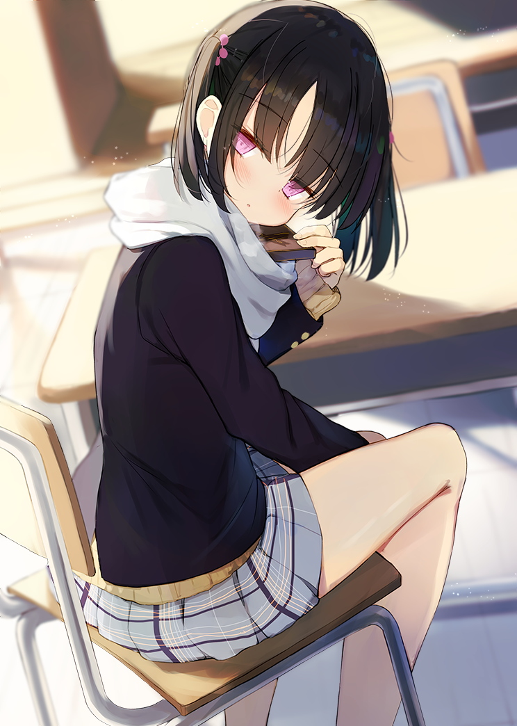 1girl, :o, bangs, bare_legs, between_legs, black_hair, blazer, blush