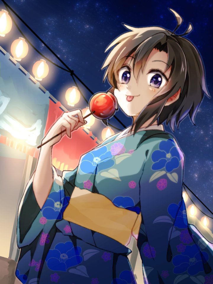 1girl, :p, antenna_hair, bangs, black_hair, blue_kimono, blush, booth