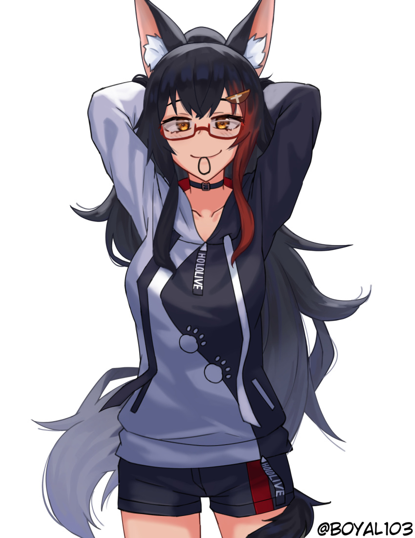 1girl, animal_ear_fluff, animal_ears, black_choker, black_hair, black_hoodie, black_shorts, boyal