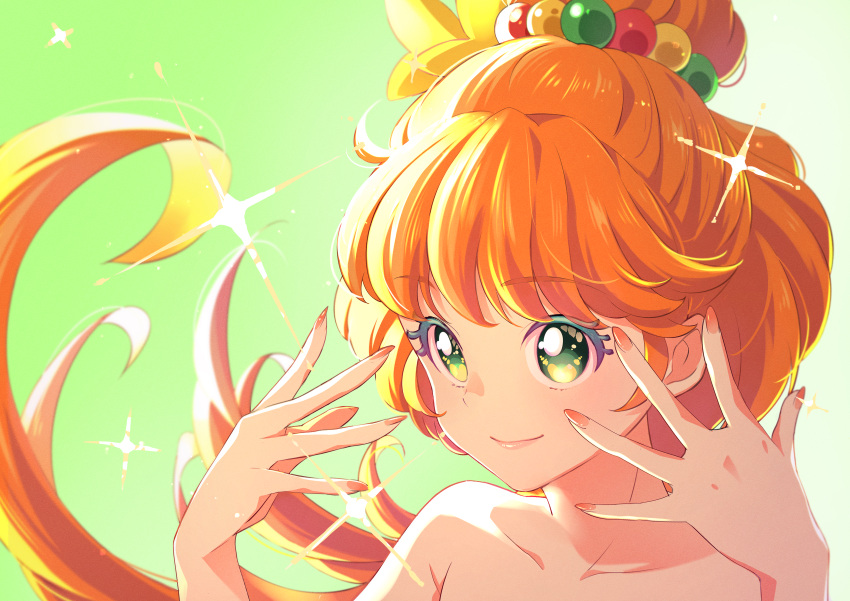 1girl, absurdres, blush, brown_hair, closed_mouth, collarbone, colored_eyelashes, cure_papaya
