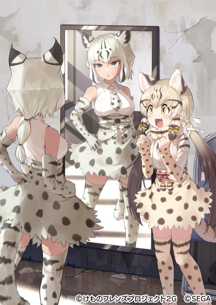 2girls, animal_ears, animal_print, bare_shoulders, bionekojita, blonde_hair, blush, bobcat_(kemono_friends)