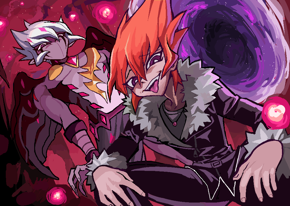 2boys, colored_skin, dual_persona, evil_smile, jacket, jewelry, leather, leather_jacket