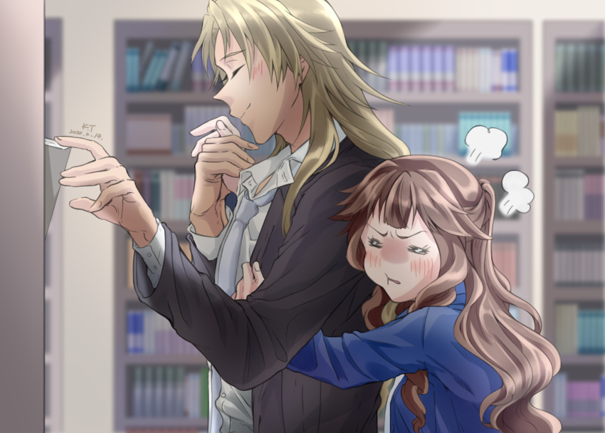 1boy, 1girl, blonde_hair, blush, book, bookshelf, brown_hair, chiron_(fate), closed_eyes, fate/apocrypha, fate_(series), fiore_forvedge_yggdmillennia, holding, holding_book, holding_hands, hug, hug_from_behind, library, long_hair, necktie, smile, toby_(k.t)