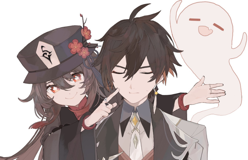 1boy, 1girl, :>, =d, ahoge, black_dress, black_hair, black_headwear
