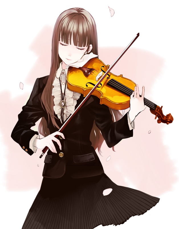 bangs, blunt_bangs, bolo_tie, bow_(instrument), brown_hair, cherry_blossoms, closed_eyes, formal