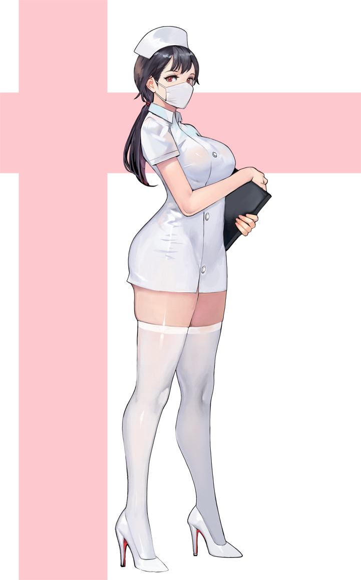 1girl, binder, black_hair, bobobong, breasts, collared_dress, commentary, dress