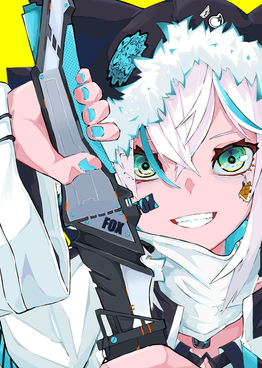 1girl, absurdres, animal_hood, ao_no_kitsune, aqua_eyes, aqua_hair, aqua_nails, blue_hair