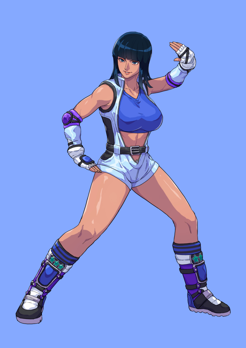 1girl, abs, absurdres, black_hair, boots, breasts, cirenk, collarbone, cosplay, elbow_pads, fingerless_gloves, full_body, gloves, highres, kazama_asuka, kazama_asuka_(cosplay), large_breasts, legs_apart, lips, midriff, nico_robin, one_piece, short_hair, simple_background, smile, solo, standing, straw_hat_pirates