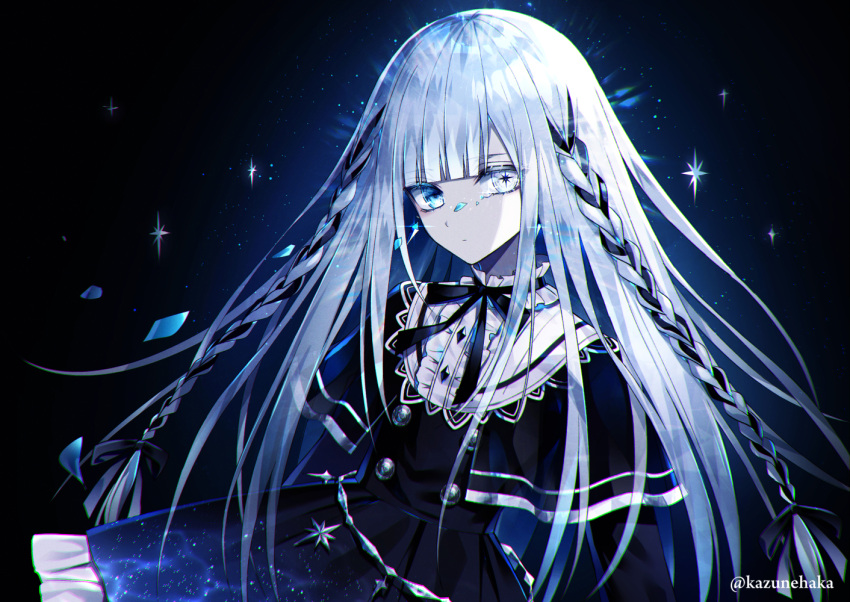 1girl, arcaea, artist_name, bangs, black_dress, black_neckwear, blue_eyes, braid