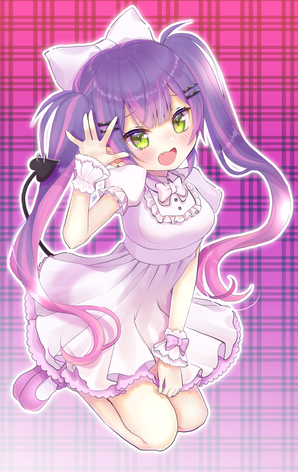 1girl, :d, arm_up, blush, chocomarybadend, demon_tail, dress, fang
