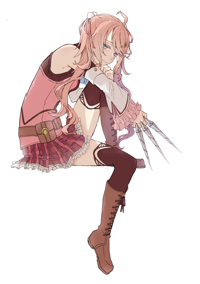 1girl, ahoge, belt, belt_pouch, between_fingers, black_legwear, black_shirt, blue_eyes
