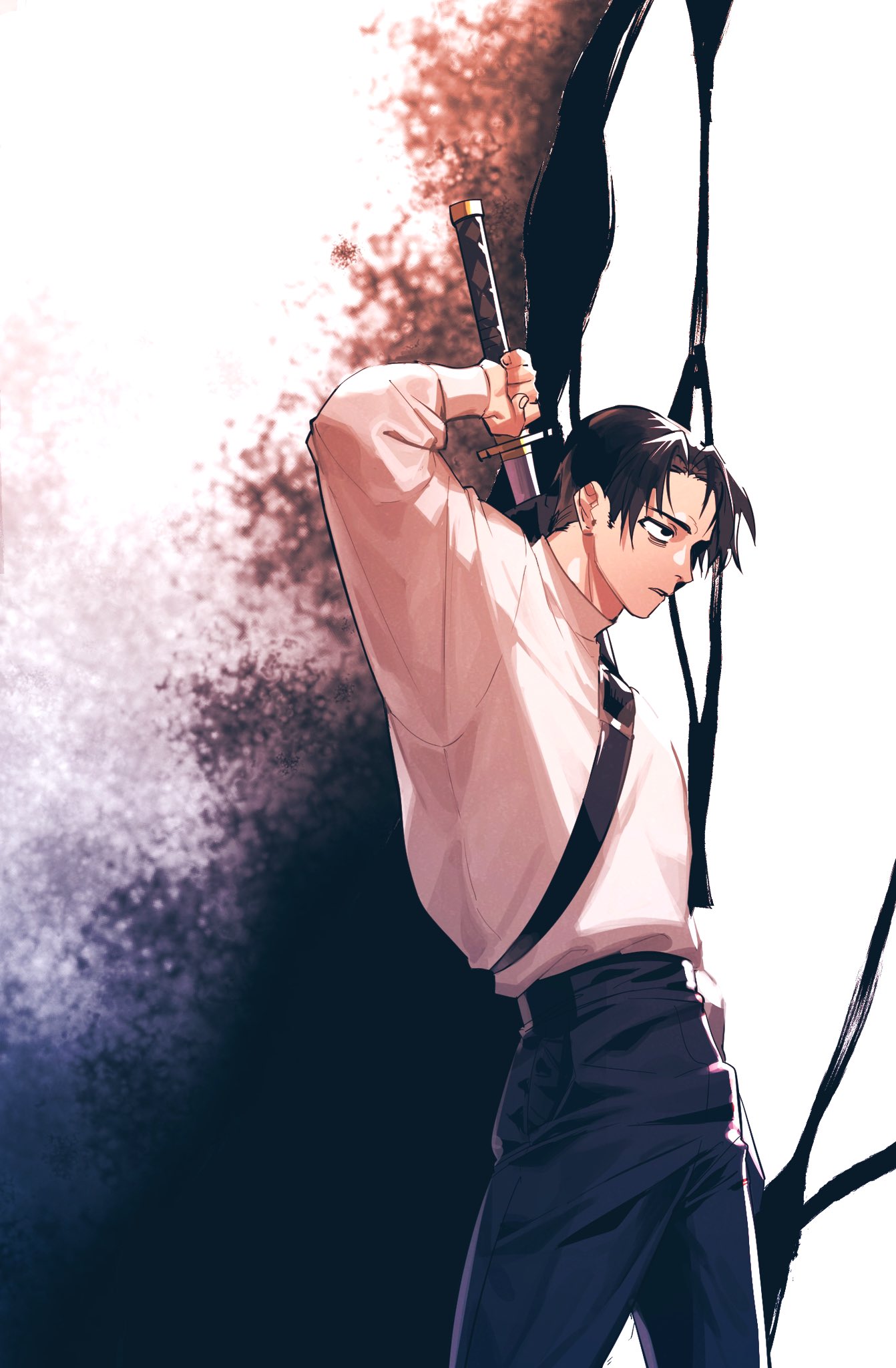 1boy, arm_up, aura, baggy_clothes, bags_under_eyes, bangs, belt, black_hair