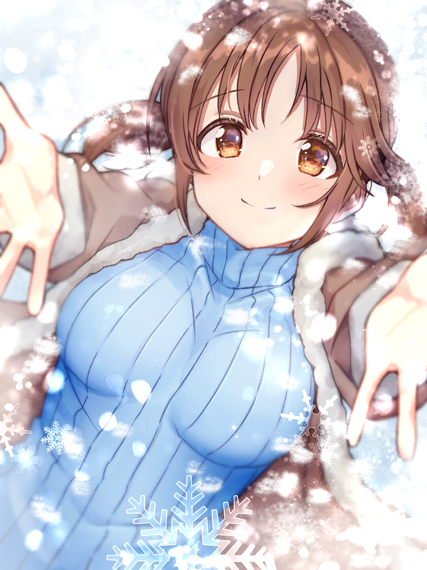 1girl, bangs, blue_sweater, breasts, brown_coat, brown_eyes, brown_hair, capelet