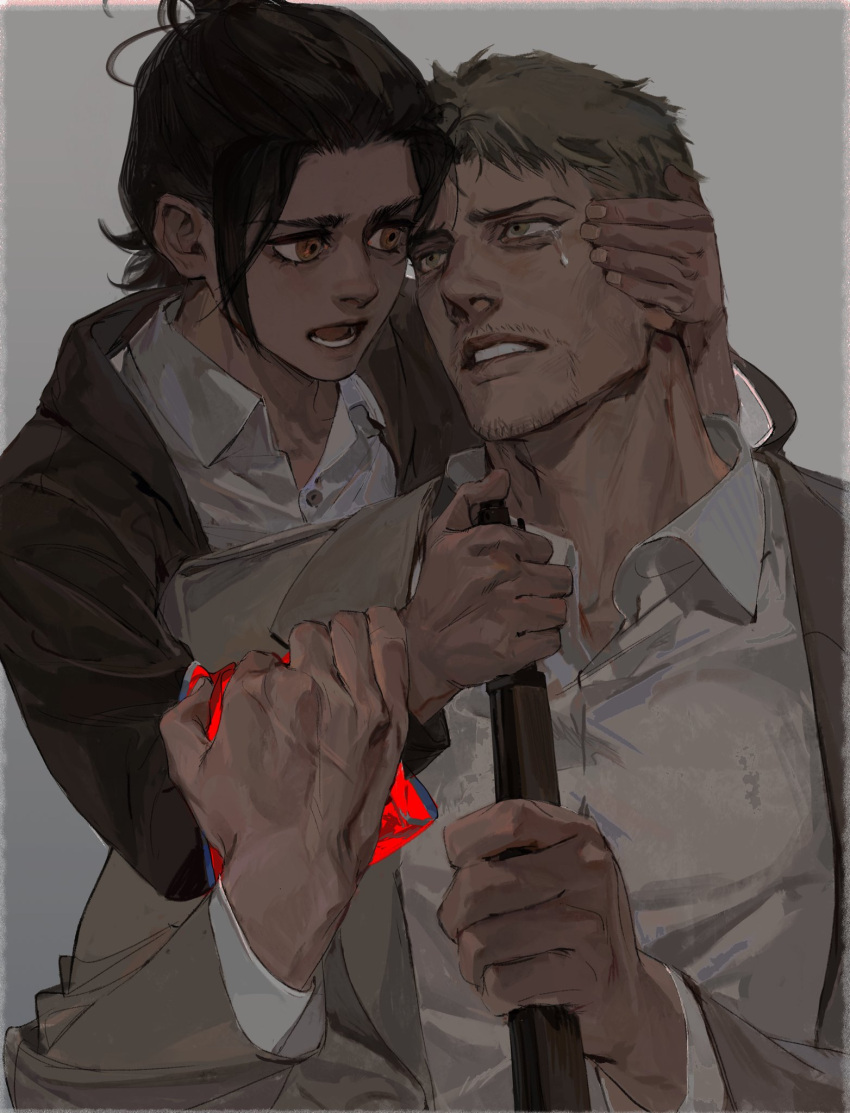 1boy, 1girl, age_difference, armband, attempted_suicide, beard, blonde_hair, brown_hair
