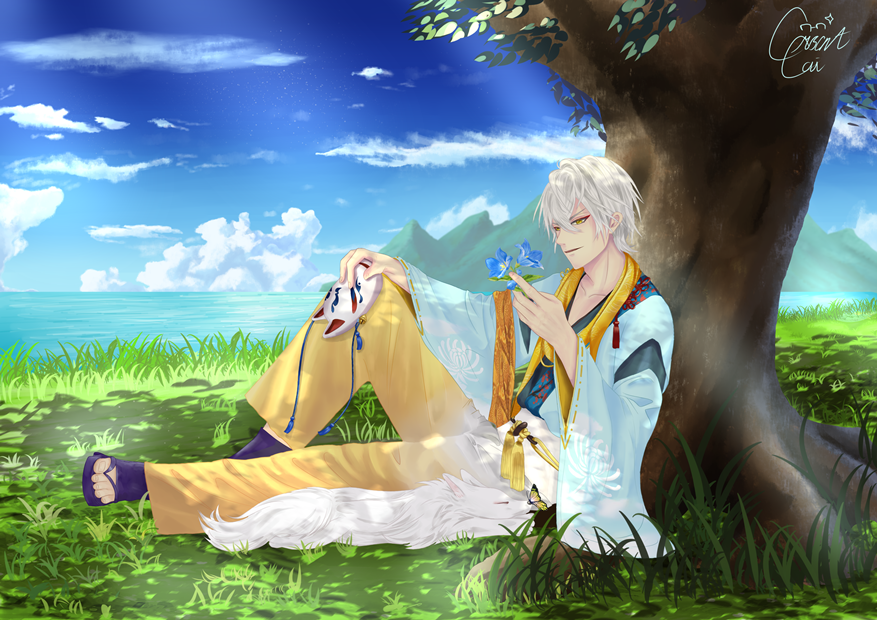 1boy, akechi_mitsuhide_(ikemen_sengoku), blue_flower, clouds, flower, grass, holding, holding_flower