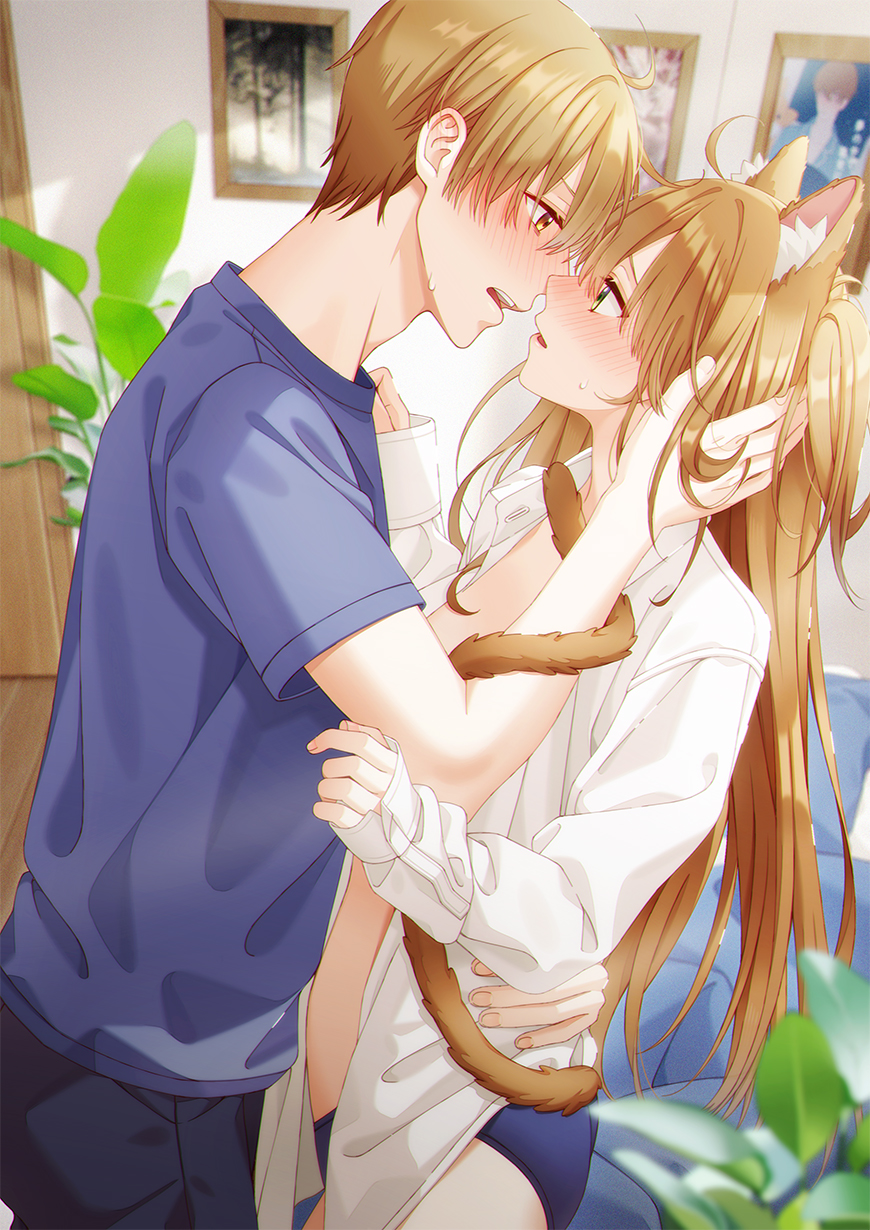 1boy, 1girl, animal_ears, black_pants, blue_panties, blue_shirt, blush, brown_hair