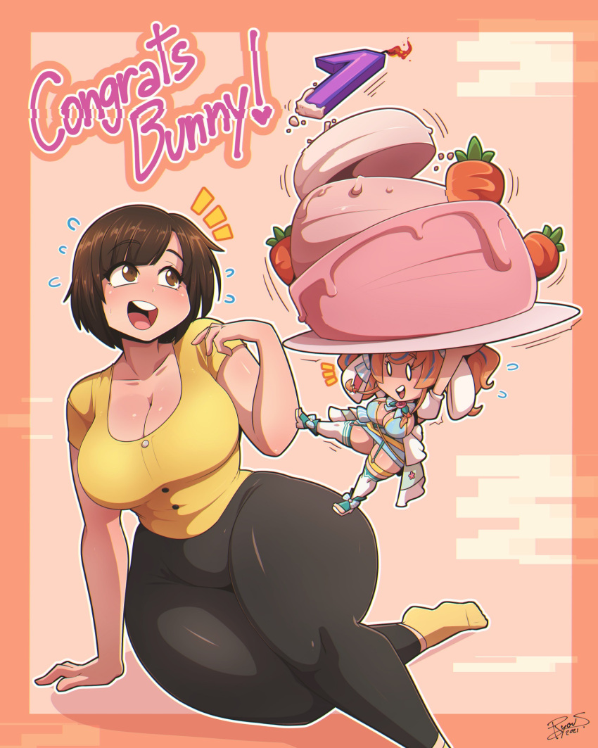 2girls, bangs, blush, bonnie_(bunny_gif), breasts, brown_eyes, brown_hair, bunny_ayumi