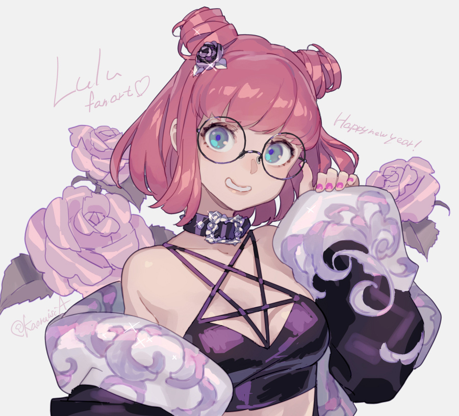 1girl, aqua_eyes, bare_shoulders, borrowed_character, breasts, character_name, choker, double_bun, fingernails, flower, glasses, glint, hair_flower, hair_ornament, happy_new_year, looking_at_viewer, lulu_(luulubuu), medium_breasts, new_year, original, parted_lips, pink_hair, pink_nails, pota_(bluegutty), rose, round_eyewear, short_hair, solo, twitter_username, upper_body