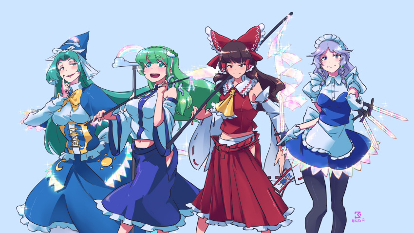 4girls, apron, ascot, blue_capelet, blue_dress, blue_eyes, blue_skirt, blush