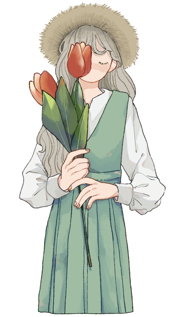 1girl, blush, closed_eyes, flower, grey_hair, hat, holding, holding_flower