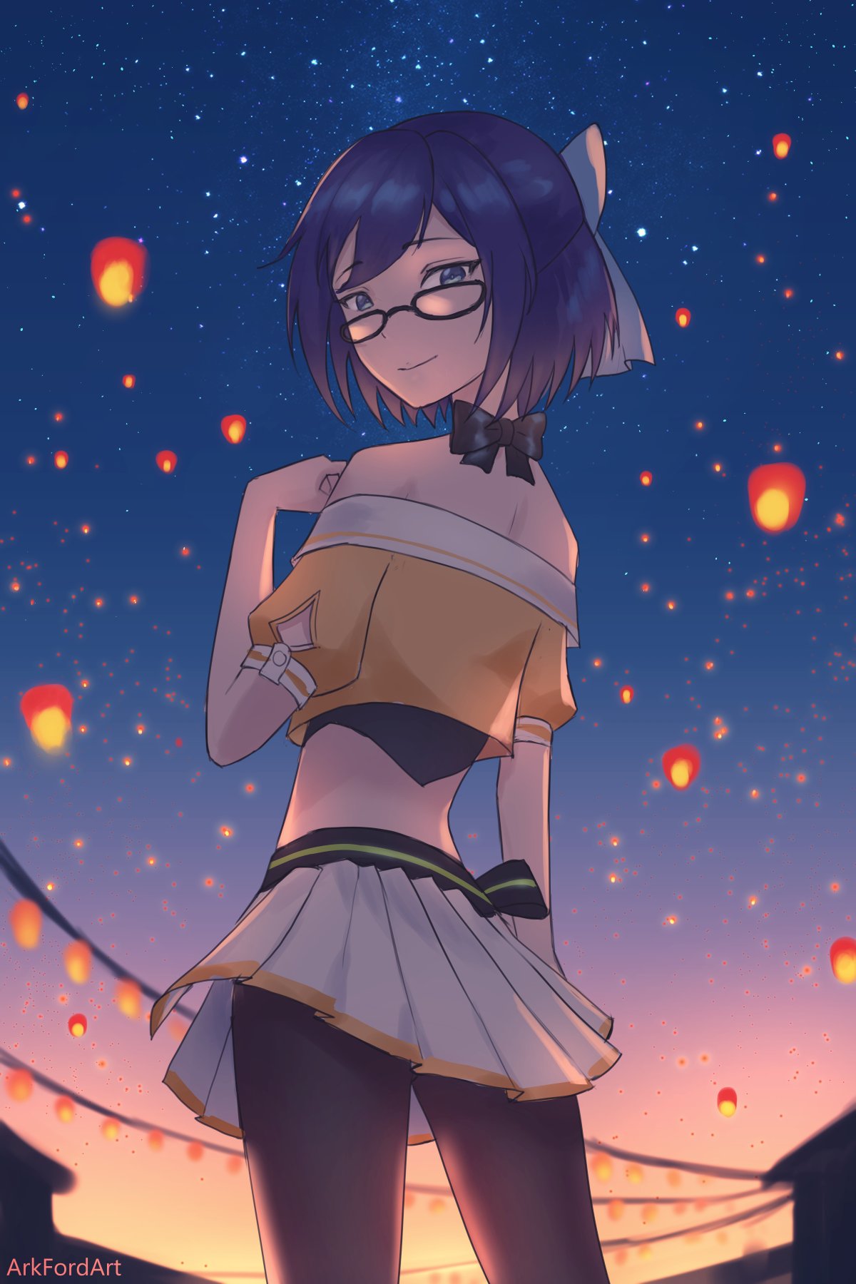 1girl, ark_ford, black-framed_eyewear, blue_eyes, blue_hair, bow, bow_choker, brown_legwear