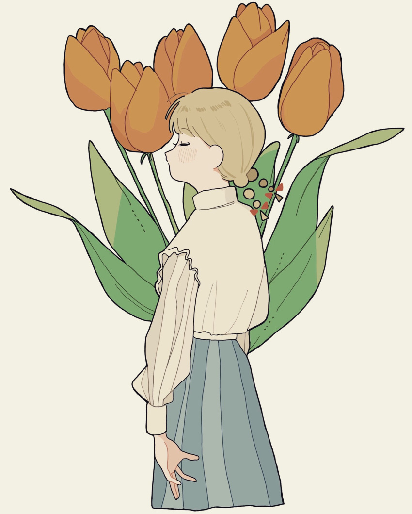 1girl, blonde_hair, blush, closed_eyes, flower, highres, jastaway, leaf