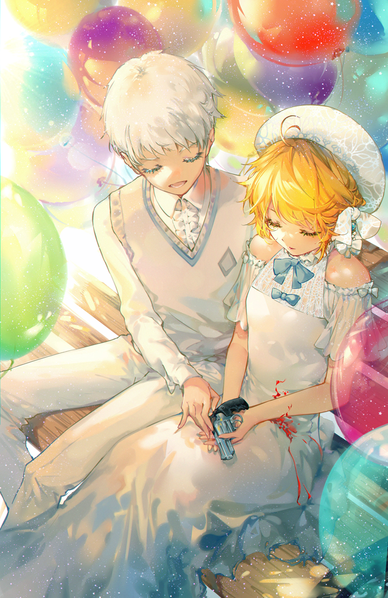 1boy, 1girl, ahoge, balloon, bare_shoulders, bench, beret, blood, bloody_clothes, blue_neckwear, bow, bowtie, closed_eyes, commentary, dress, emma_(yakusoku_no_neverland), eyelashes, floral_print, gun, gun_in_lap, hat, highres, holding, holding_gun, holding_weapon, kinokohime, long_sleeves, looking_down, lower_teeth, mixed-language_commentary, norman_(yakusoku_no_neverland), open_mouth, orange_hair, pants, park_bench, parted_lips, revolver, sheer_clothes, shirt, short_hair, sweater_vest, wavy_hair, weapon, white_dress, white_hair, white_headwear, white_pants, white_shirt, yakusoku_no_neverland