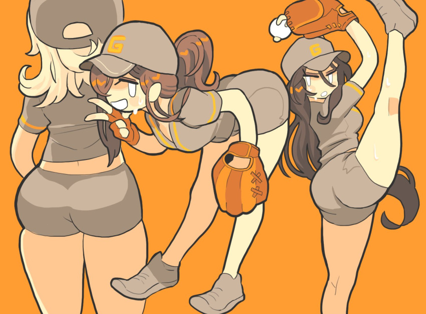 3girls, ass, back, baseball_mitt, black_hair, blonde_hair, blush, brown_gloves, brown_hair, choi_seol-hwa, choi_seol-hwa_(cosplay), cosplay, fingerless_gloves, gashi-gashi, gloves, grey_footwear, grey_headwear, grey_shirt, grey_shorts, hat, leaning_forward, multiple_girls, open_mouth, orange_theme, original, photo-referenced, ponytail, shirt, shoes, short_sleeves, shorts, smile, sweat, v, white_eyes