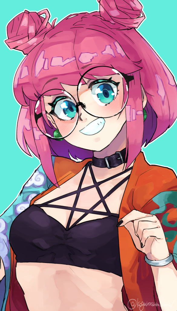 1girl, aqua_background, black_nails, blush, borrowed_character, collar, double_bun, earrings