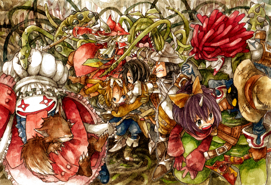 battle, black_mage, eiko_carol, everyone, fighting, final_fantasy, final_fantasy_ix, freija_crescent, freya_crescent, garnet_til_alexandros_xvii, ina_(gonsora), mu_(final_fantasy), ochu, quina_quen, salamander_coral, vivi_ornitier, zidane_tribal