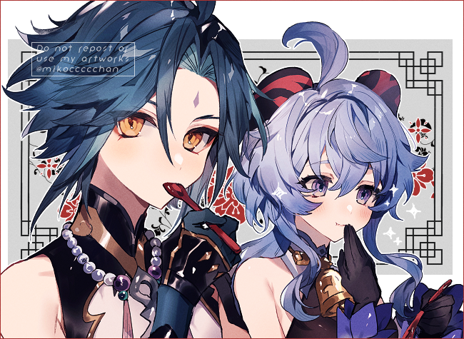 1boy, 1girl, aqua_hair, bangs, bead_necklace, beads, bell, black_gloves, blue_hair, blush, cowbell, detached_sleeves, eating, facial_mark, food_in_mouth, forehead_mark, ganyu_(genshin_impact), genshin_impact, gloves, goat_horns, holding, holding_spoon, horns, jewelry, long_hair, mikoccccchan, necklace, sidelocks, sleeveless, sparkle, spoon, twitter_username, upper_body, violet_eyes, watermark, xiao_(genshin_impact), yellow_eyes