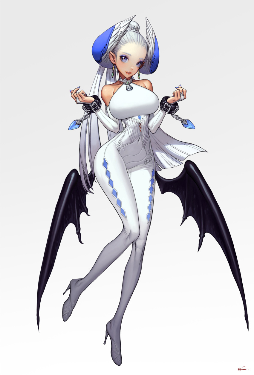 1girl, bare_shoulders, black_wings, blue_nails, bodysuit, breasts, bridal_gauntlets, covered_navel