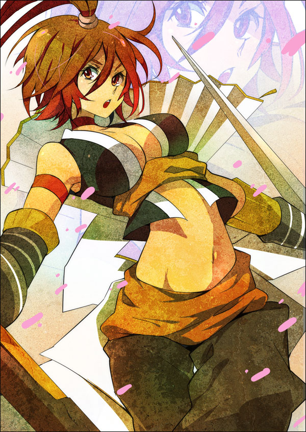 .hack//g.u., akishima_kei, bad_id, breasts, choker, cleavage, crop_top, dual_wielding